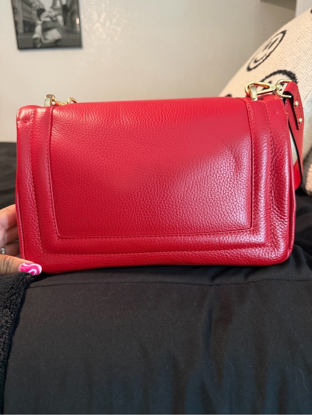 Valentino Red Pebbled Leather Shoulder Bag with Stud Logo - Picture 3 of 4